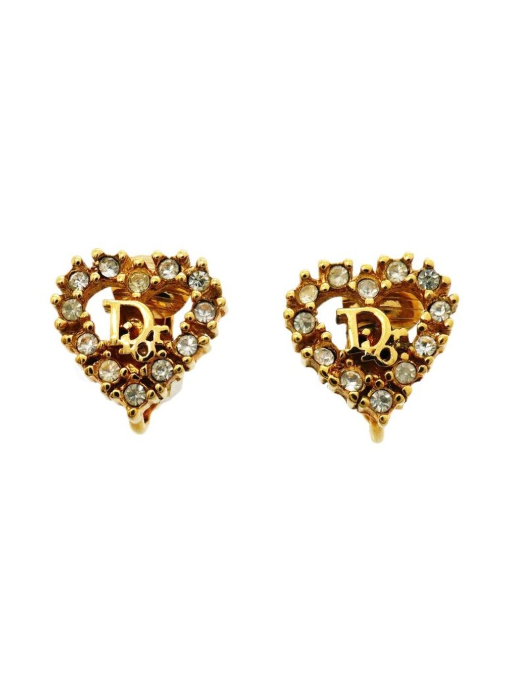 Dior Earrings Logo Heart Motif Gold Plated Rhinestone